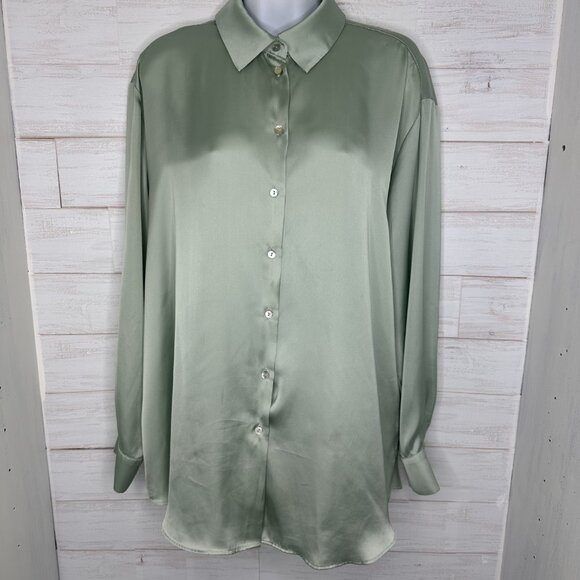 Zara Seafoam Green Boyfriend Oversized Button Up Size XL Silky Business Casual - Picture 2 of 8